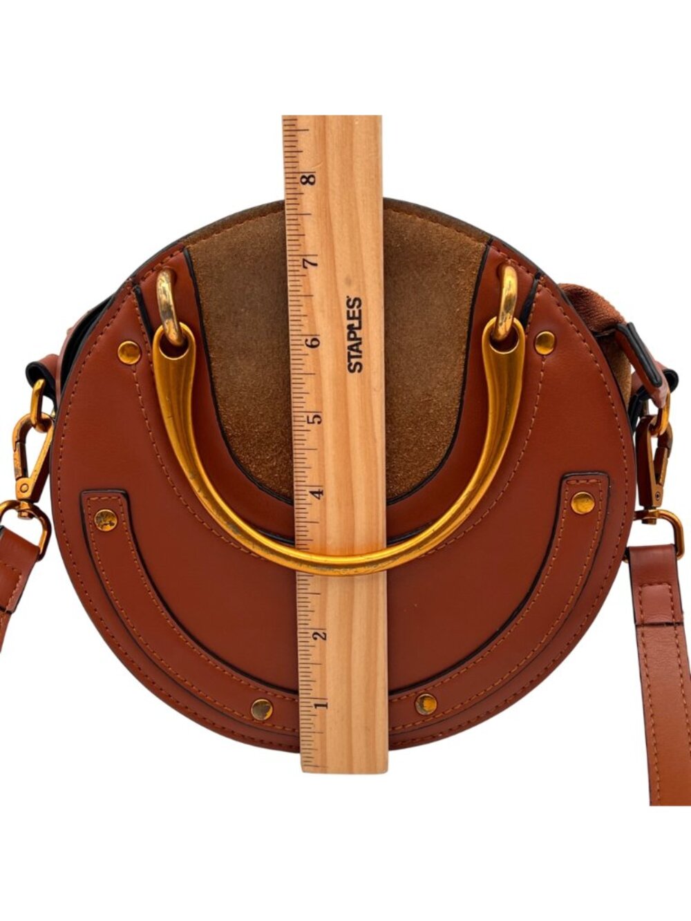 Round Leather Crossbody Bag With Gold Handles And Adjustable Strap Brown & Suede - Picture 11 of 14